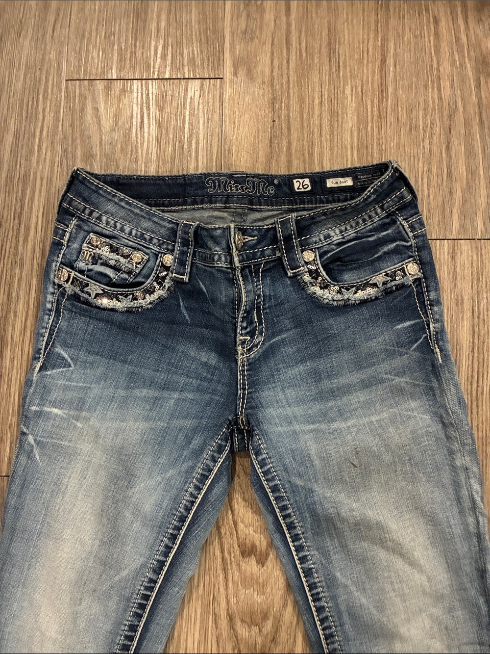 Miss Me Dark Blue Slim Boot Cut Jeans with Contrast Stitching